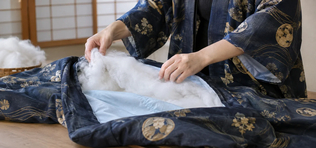 綿入れ（中綿）を入れる作業