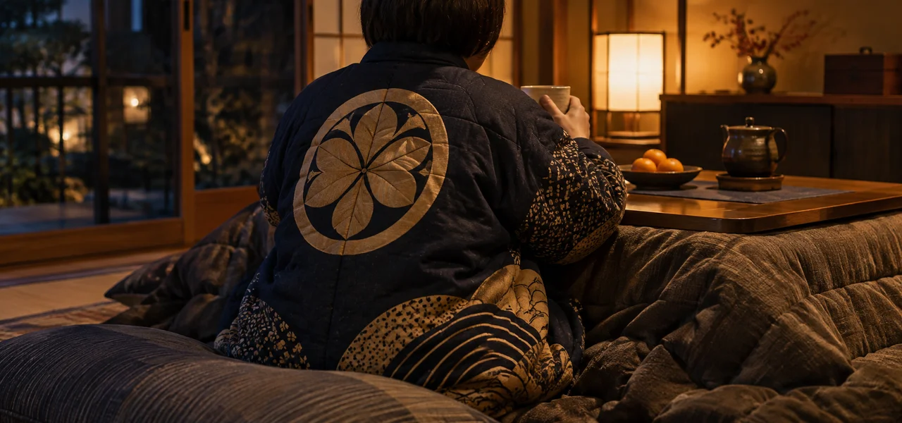 綿入れ半纏でこたつに入る様子
