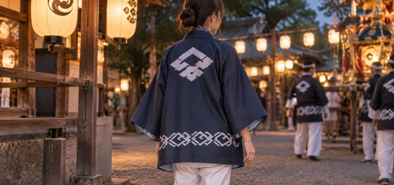 女性が半纏と帯・小物を整える着付けの様子
