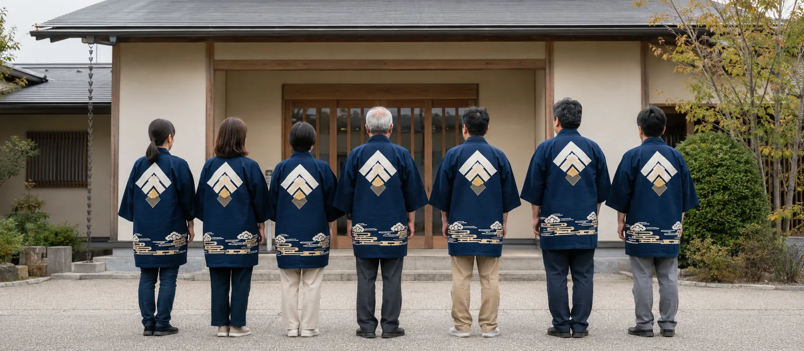 集会所の前に並んだ団体の人々。背に紋を入れた揃いの半纏の背面が見える構図
