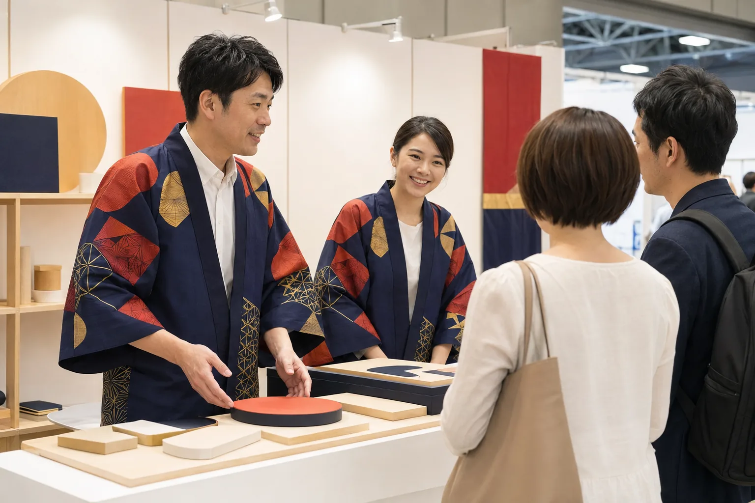 半纏を着た店主が、来場者に半纏のデザインを説明している場面