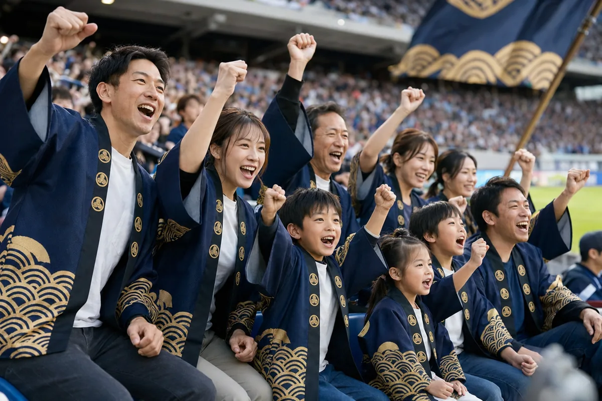 揃いの半纏を着て応援する家族連れの人たち