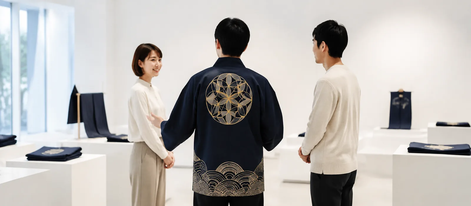 明るい会場で、ロゴを背に入れた半纏を着たスタッフが来場者に応対している場面