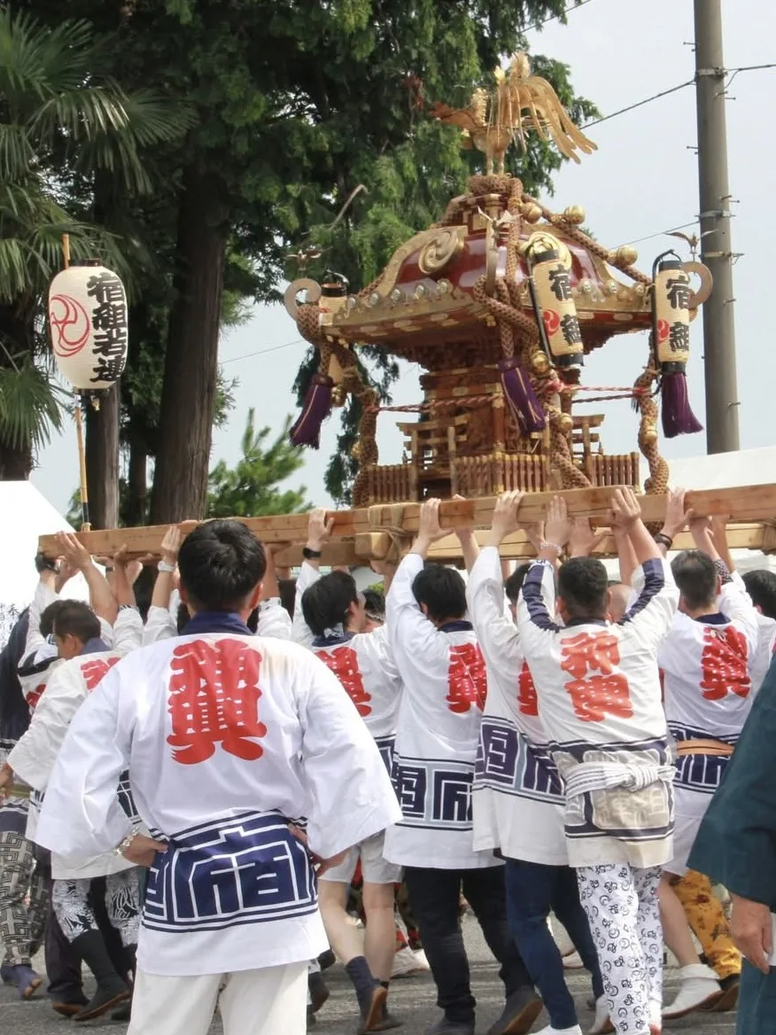 揃いの半纏を着て神輿を担ぐ人たちの後ろ姿