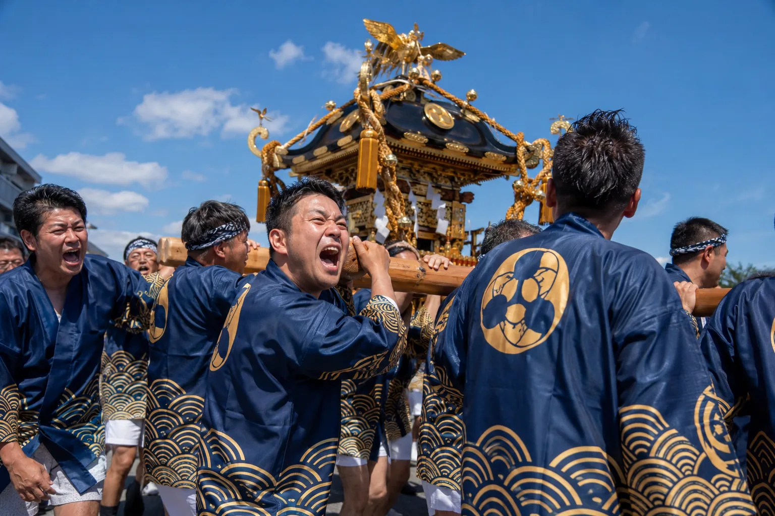 紺地に金の青海波と巴紋を配した祭り半纏で神輿を担ぐ担ぎ手