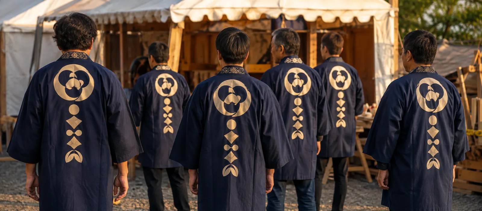 祭りの詰所の前に並ぶ睦会の一団。背に紋を入れた揃いの半纏の背面が見える構図