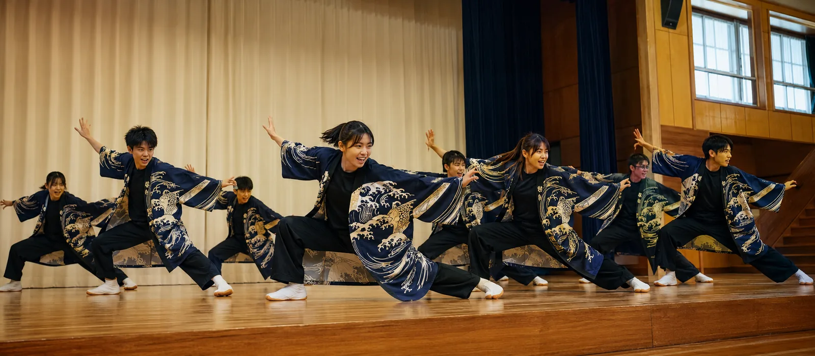 体育館の舞台でソーラン節を踊る生徒たち。大漁旗のような大胆な柄の半纏が翻る構図