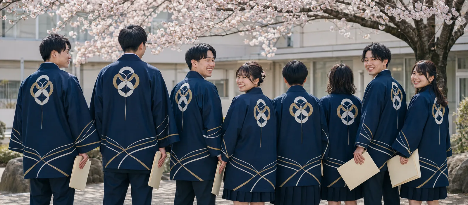 桜の下で振り返る卒業生たち。背に紋を入れた揃いの半纏を着て並んでいる場面