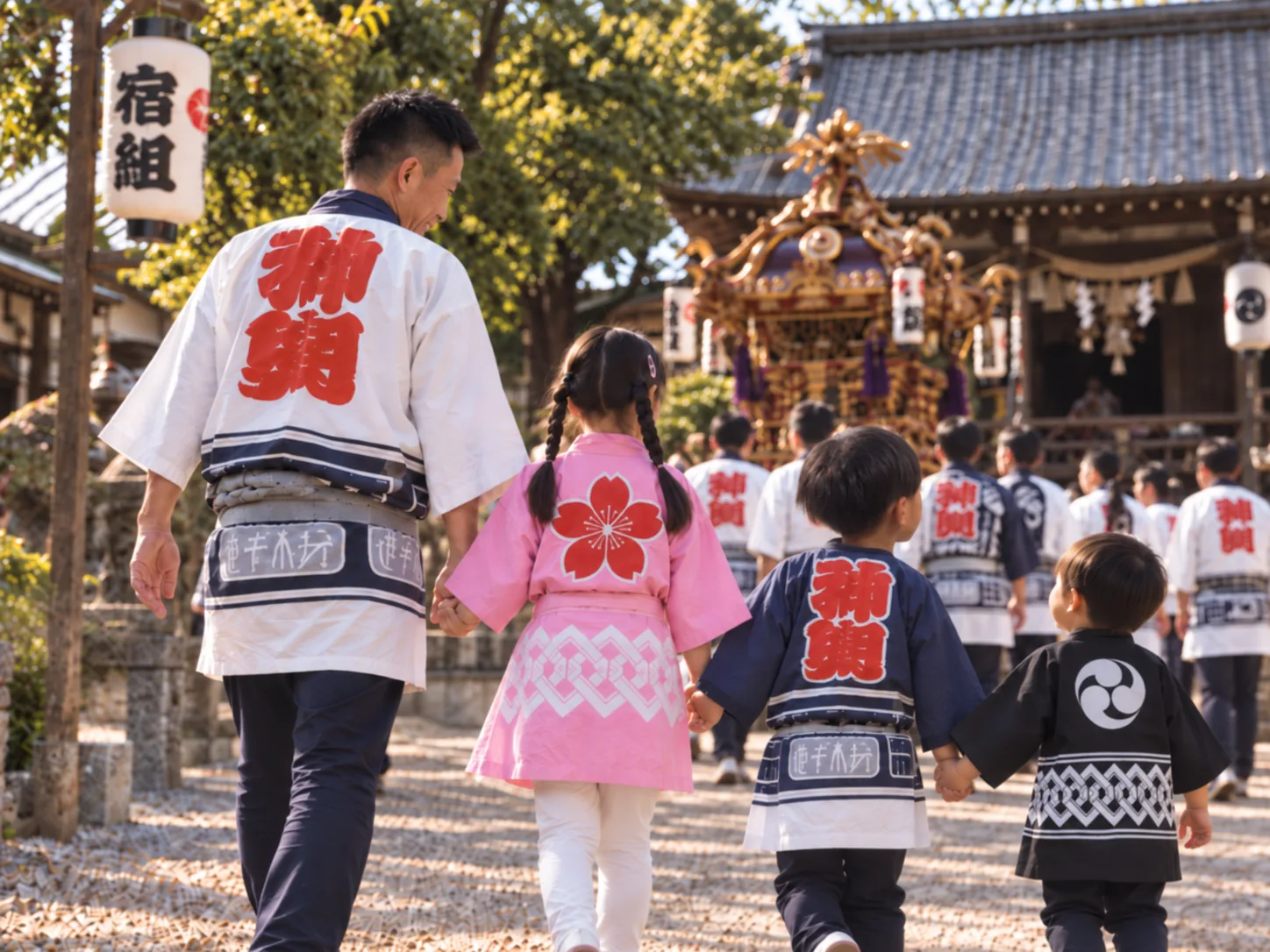 祭りの半纏を着た大人と子どもたちが、神輿のある神社へ向かう後ろ姿