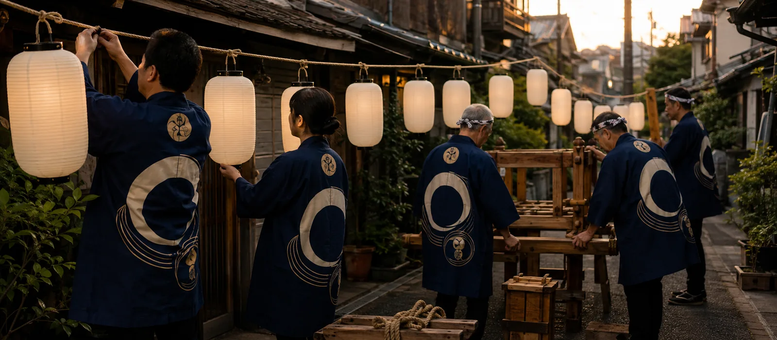 東京の下町の路地で揃いの半纏を着た町会の人々が祭りの準備をしている場面。低層の家並みと提灯